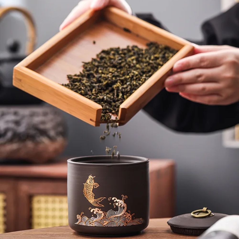 Boîte à thé en céramique animale motif poisson doré ou cerf