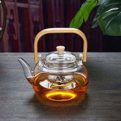 Théière en verre poignée bois filtre intégré