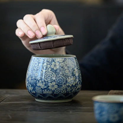 Boîte à thé en porcelaine craquelée style vintage bleu blanc