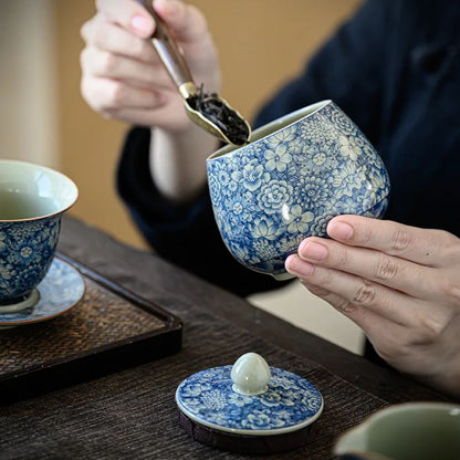 Boîte à thé en porcelaine craquelée style vintage bleu blanc