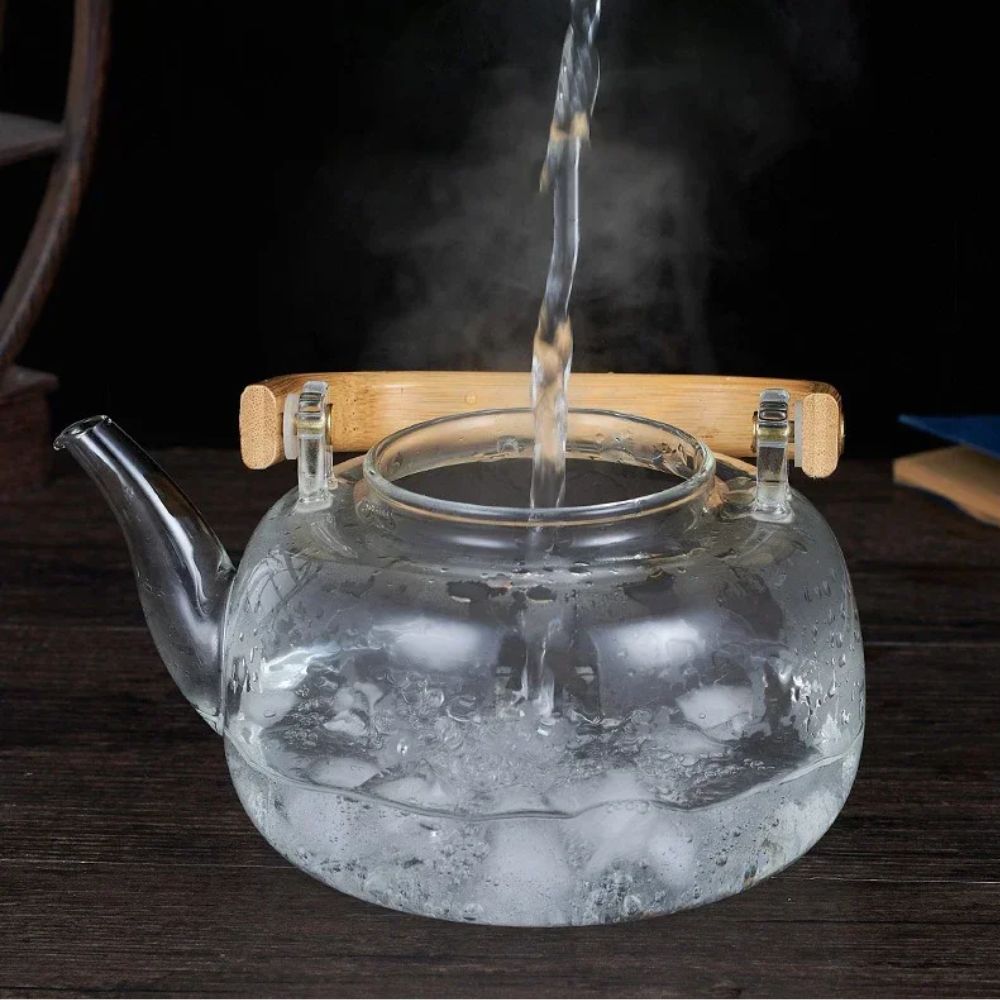 Théière en verre poignée bois filtre intégré