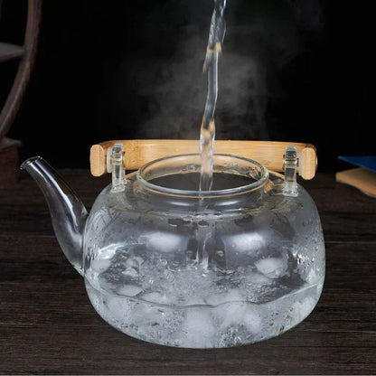 Théière en verre poignée bois filtre intégré