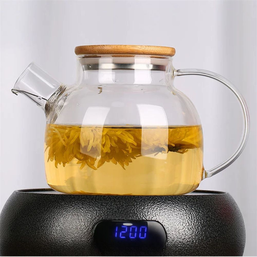 Théière en verre avec couvercle bambou