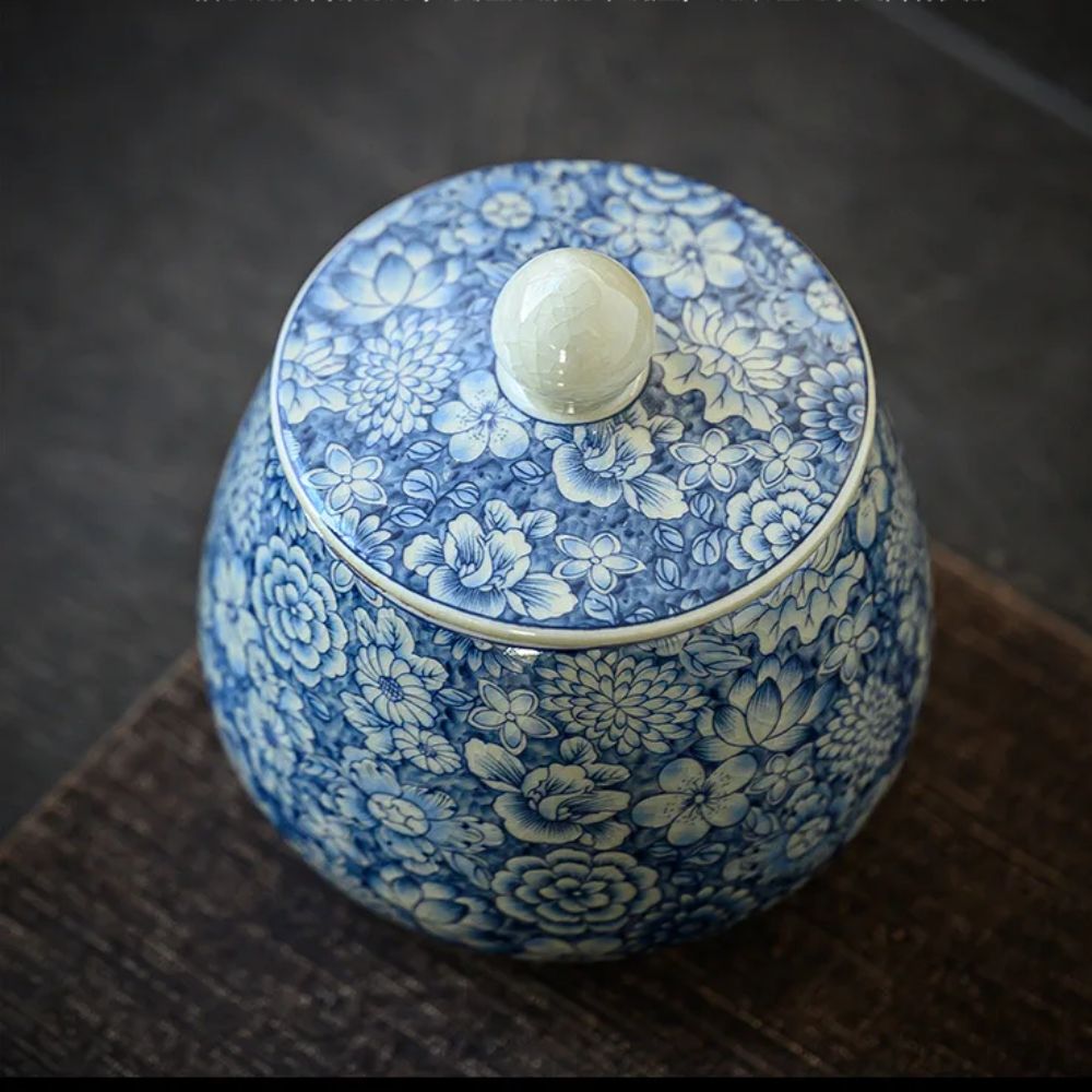 Boîte à thé en porcelaine craquelée style vintage bleu blanc