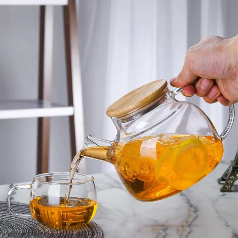 Théière en verre avec couvercle bambou