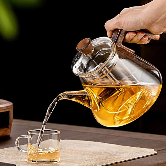 Théière en verre borosilicate avec poignée bois