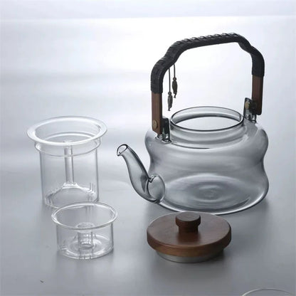 Théière en verre borosilicate poignée bois infuseur
