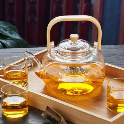 Théière en verre poignée bois filtre intégré