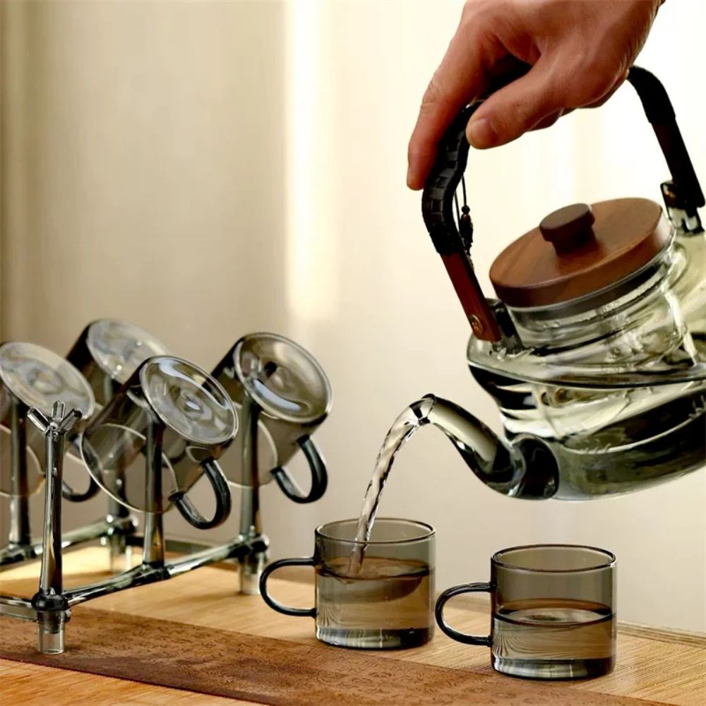 Théière en verre borosilicate poignée bois infuseur