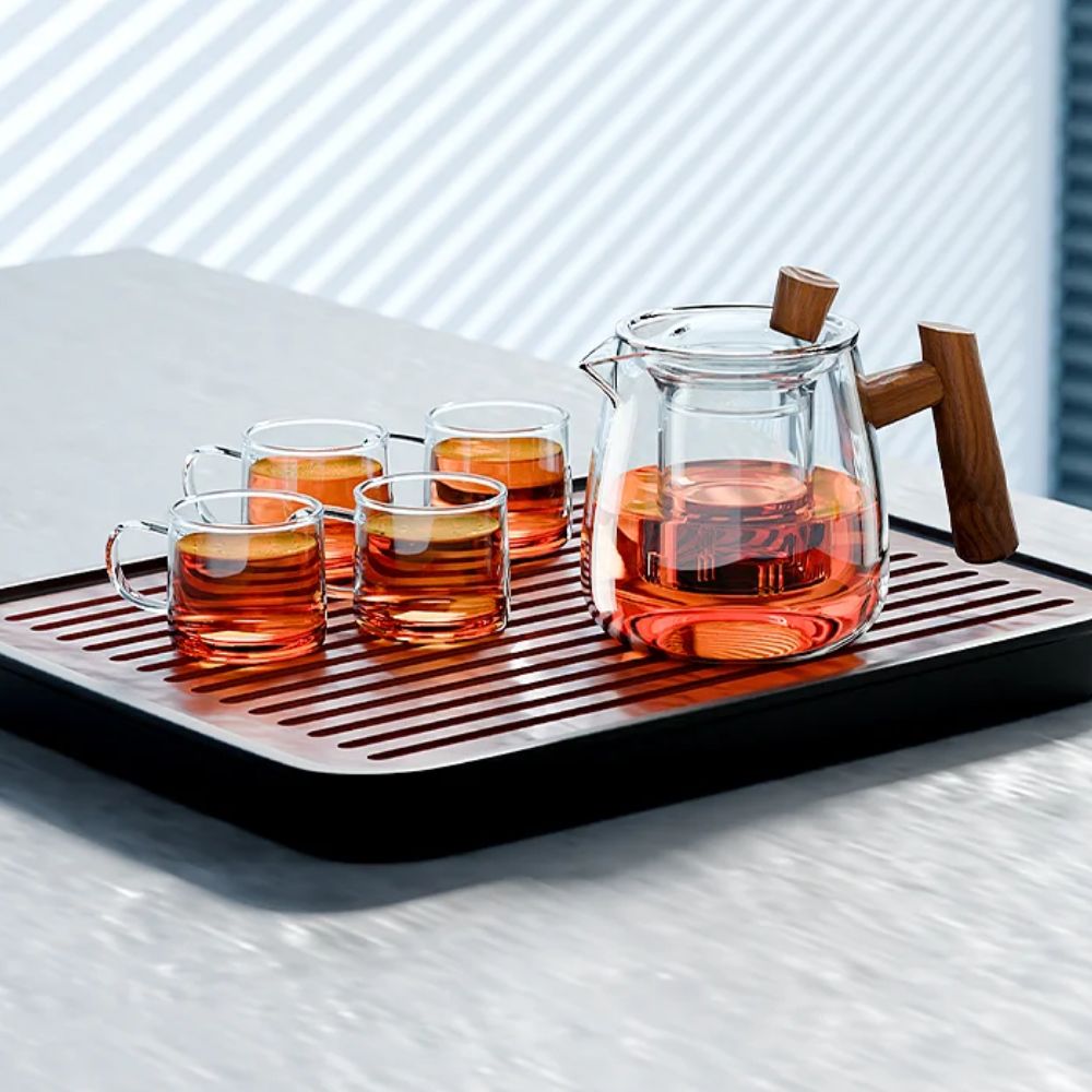 Service à thé en verre noyer avec plateau Kung Fu