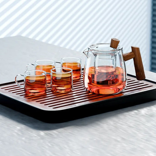 Service à thé en verre noyer avec plateau Kung Fu