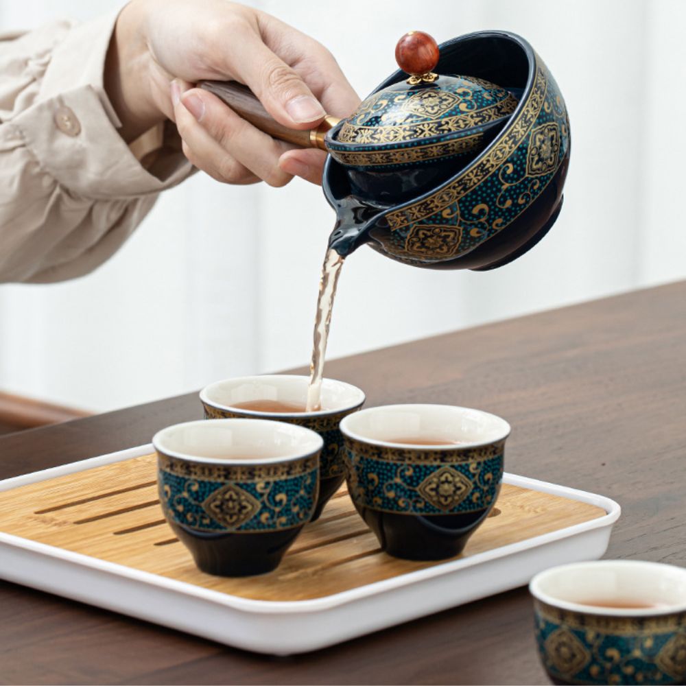 Service à thé rotatif en porcelaine avec plateau