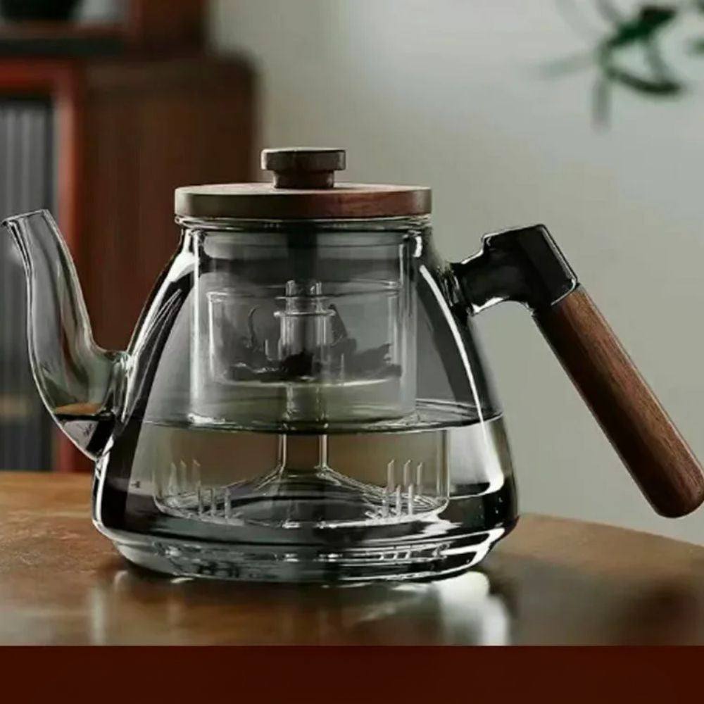 Théière en verre borosilicate avec poignée bois