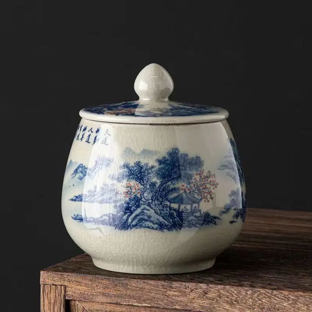 Boîte à thé en porcelaine craquelée style vintage bleu blanc