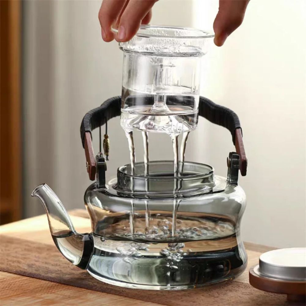 Théière en verre borosilicate poignée bois infuseur