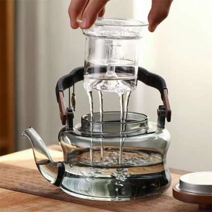 Théière en verre borosilicate poignée bois infuseur