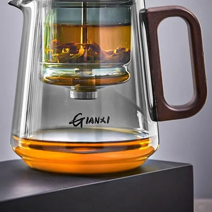 Théière en verre avec filtre amovible anse en noyer