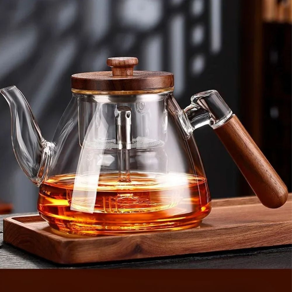 Théière en verre borosilicate avec poignée bois