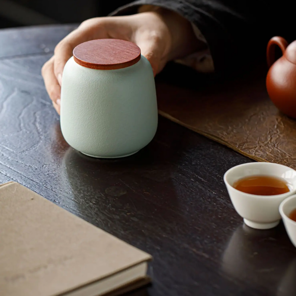 Boîte à thé en céramique avec couvercle bois petit format