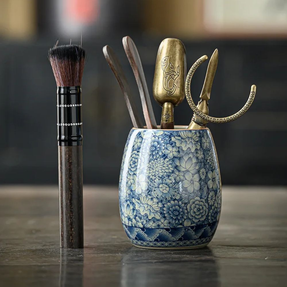 Boîte à thé en porcelaine craquelée style vintage bleu blanc