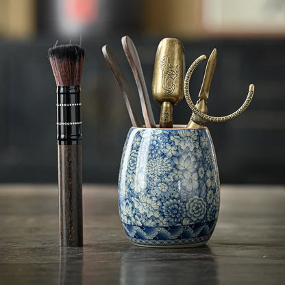 Boîte à thé en porcelaine craquelée style vintage bleu blanc