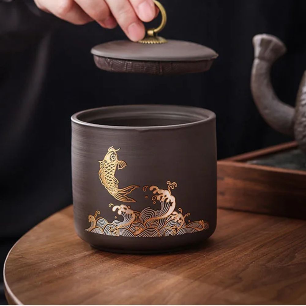 Boîte à thé en céramique animale motif poisson doré ou cerf