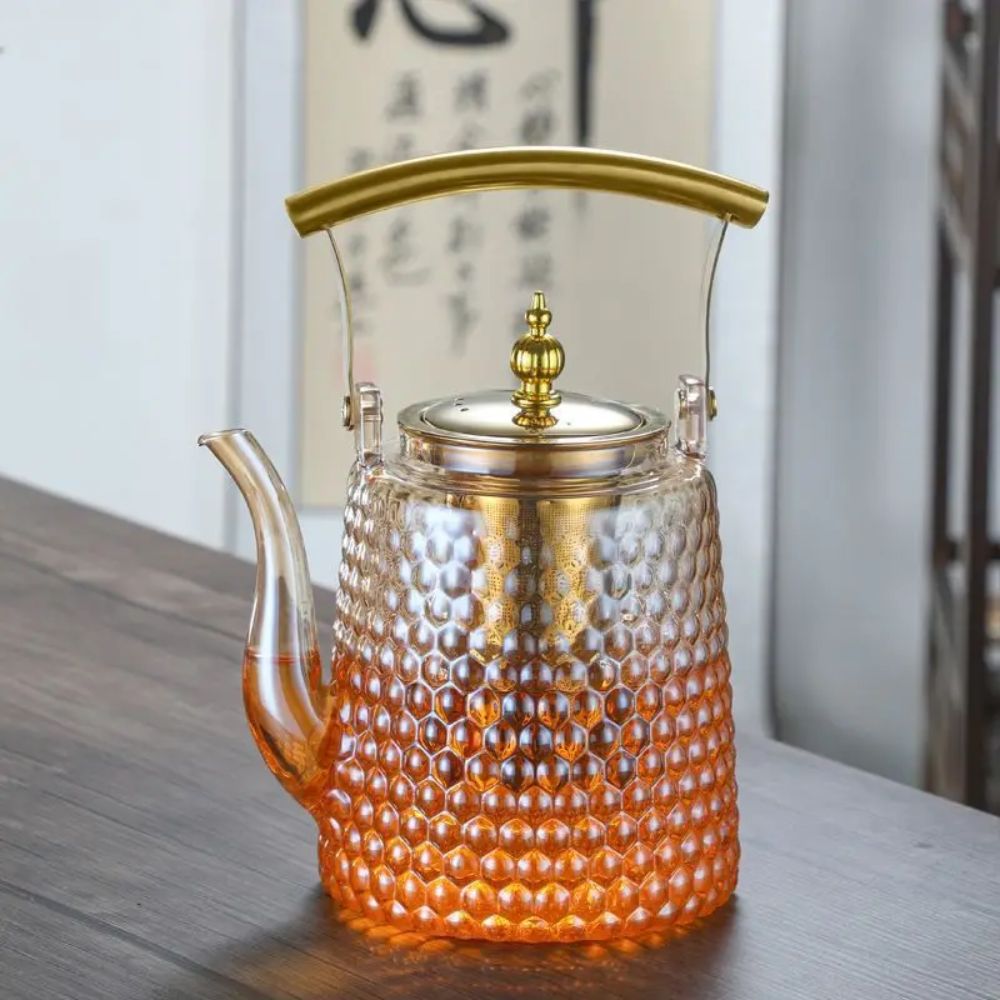 Théière japonaise martelée en verre poignée cuivre