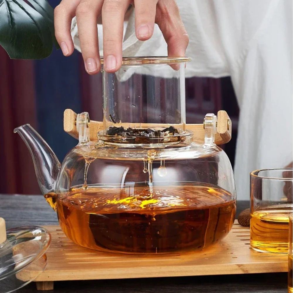Théière en verre poignée bois filtre intégré