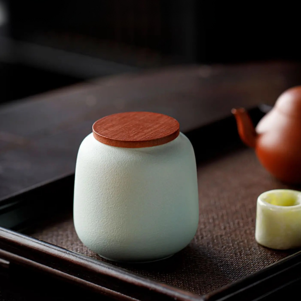 Boîte à thé en céramique avec couvercle bois petit format