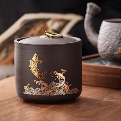 Boîte à thé en céramique animale motif poisson doré ou cerf