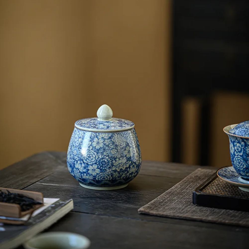 Boîte à thé en porcelaine craquelée style vintage bleu blanc