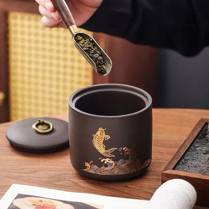 Boîte à thé en céramique animale motif poisson doré ou cerf