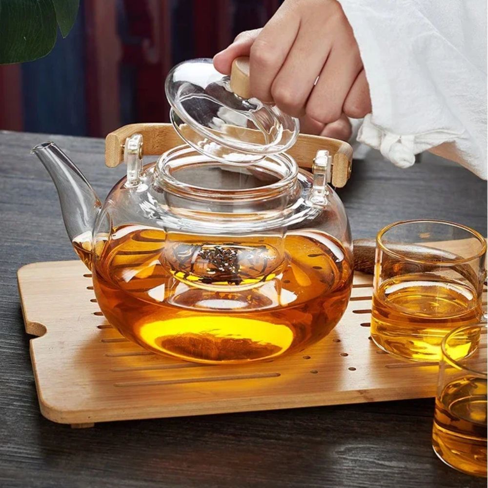 Théière en verre poignée bois filtre intégré