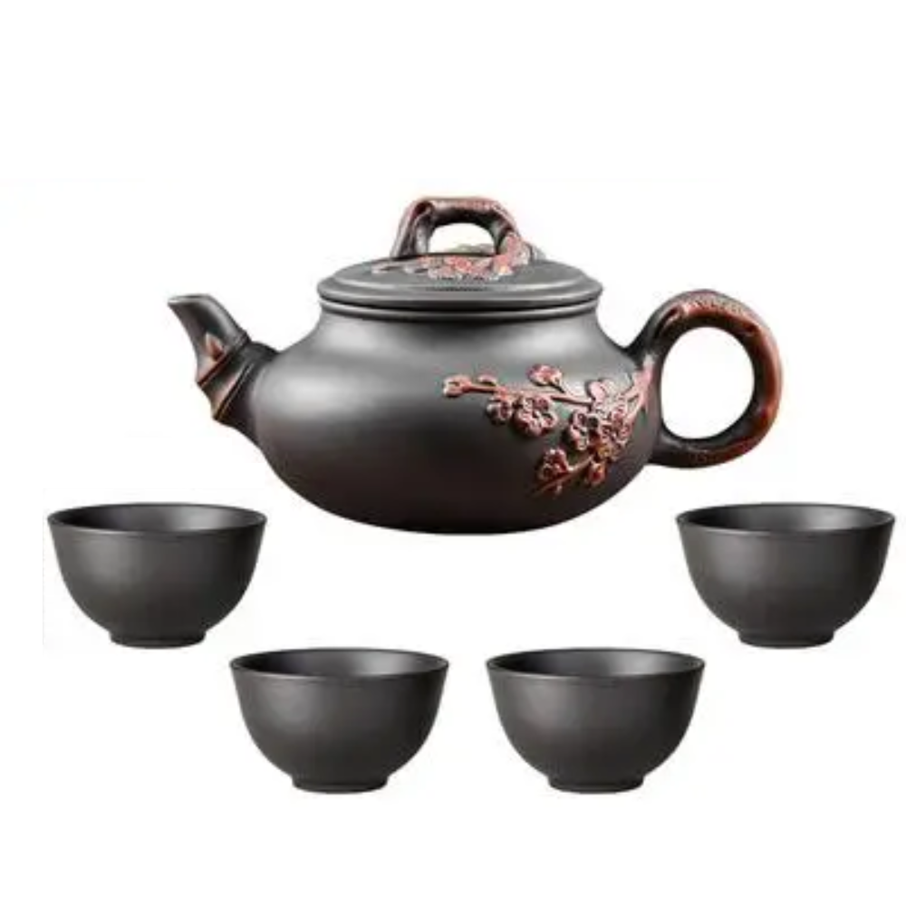 Théière en argile violette gravée