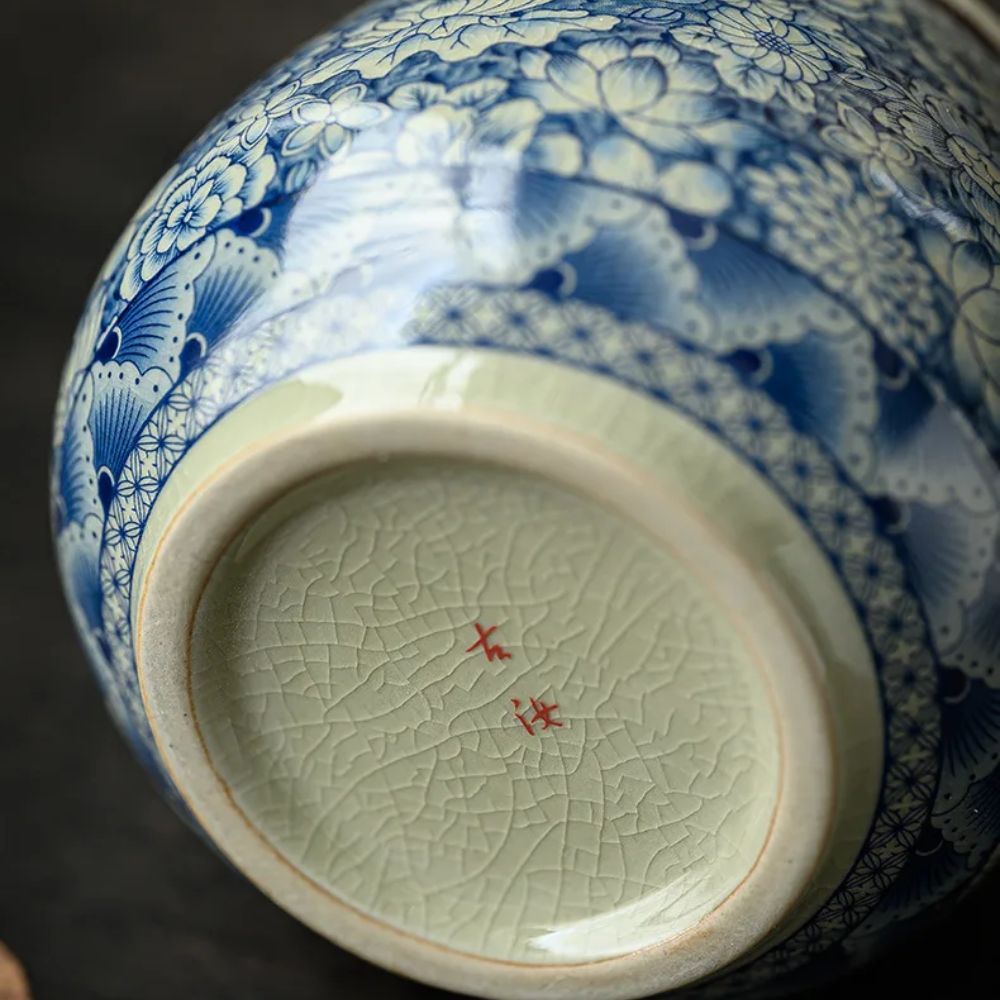 Boîte à thé en porcelaine craquelée style vintage bleu blanc