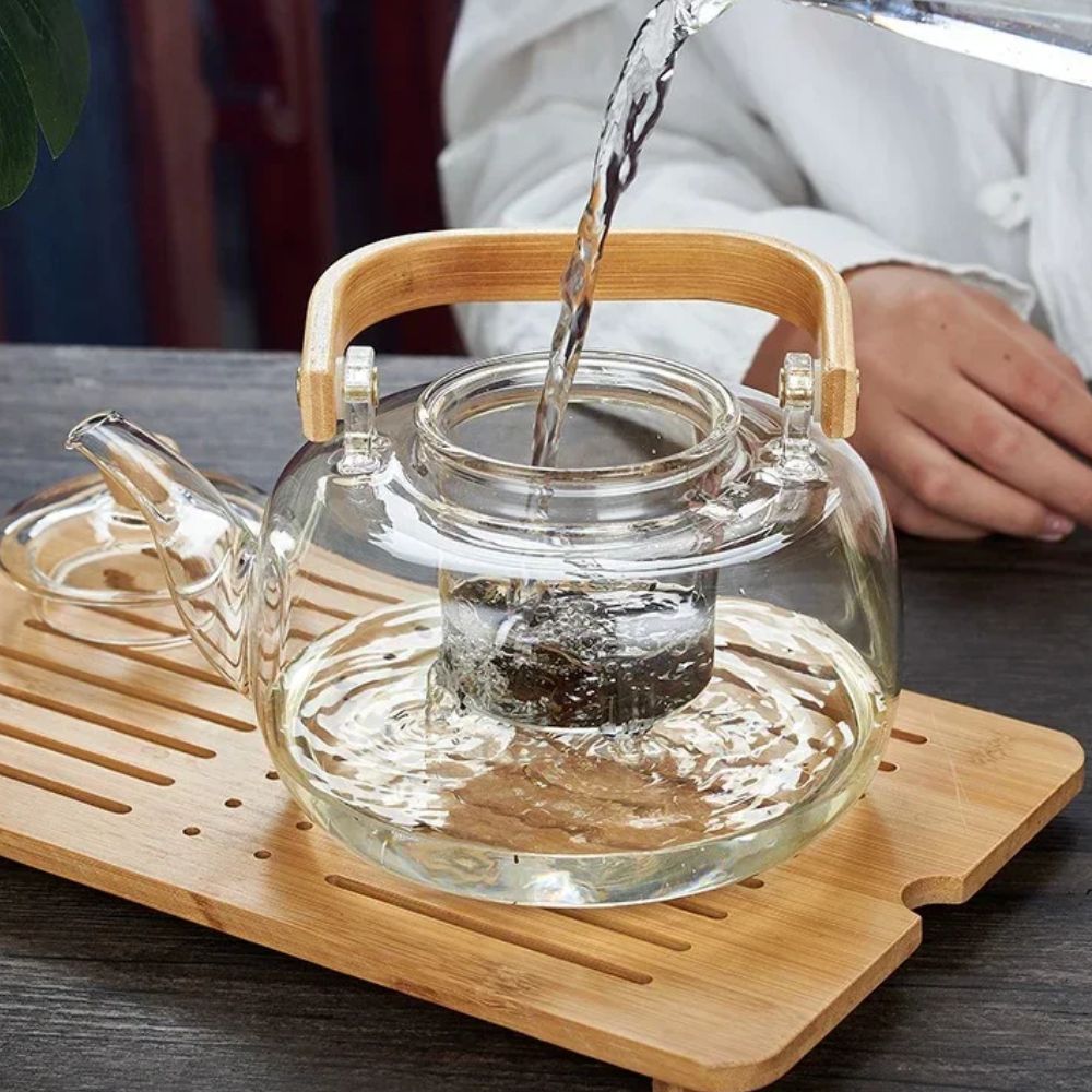 Théière en verre poignée bois filtre intégré