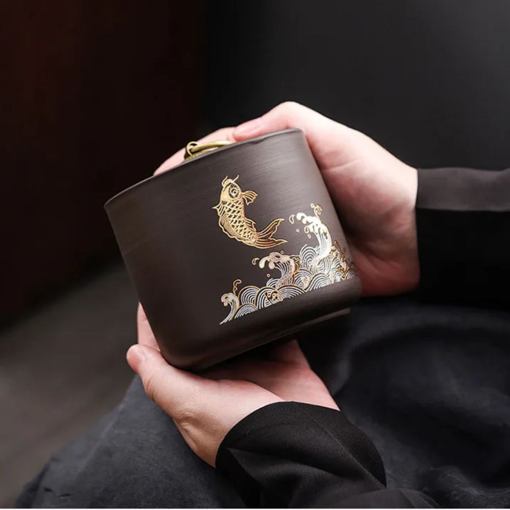 Boîte à thé en céramique animale motif poisson doré ou cerf