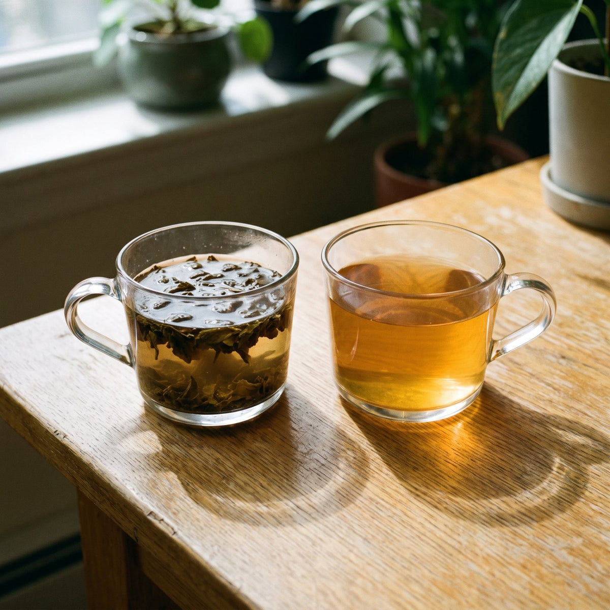 Deux tasses de thé : l’une trouble et pleine de feuilles, l’autre limpide et dorée