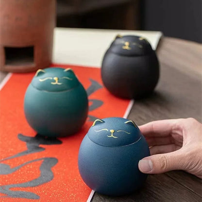 Boîte à thé céramique chat porte-bonheur peint à la main (230 ml)