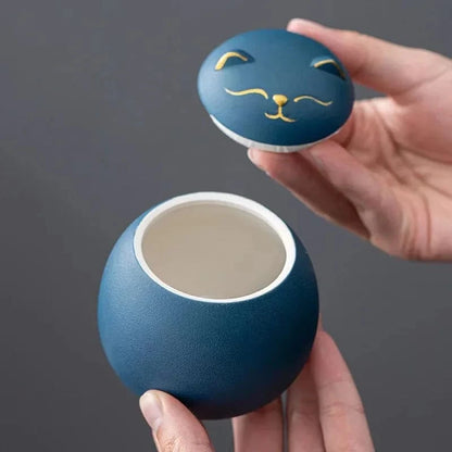 Boîte à thé céramique chat porte-bonheur peint à la main (230 ml)