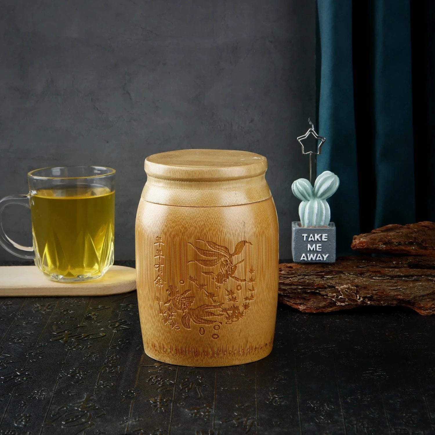 Boîte à thé en bambou sculpté rangement hermétique naturel