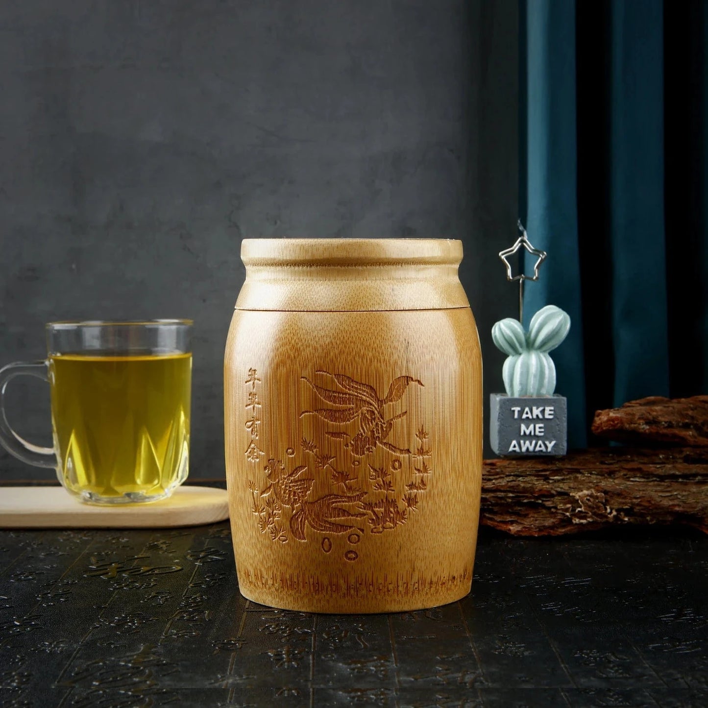 Boîte à thé en bambou sculpté rangement hermétique naturel