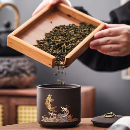 Boîte à thé en céramique animale motif poisson doré ou cerf