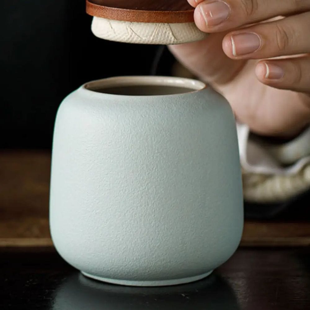 Boîte à thé en céramique avec couvercle bois petit format
