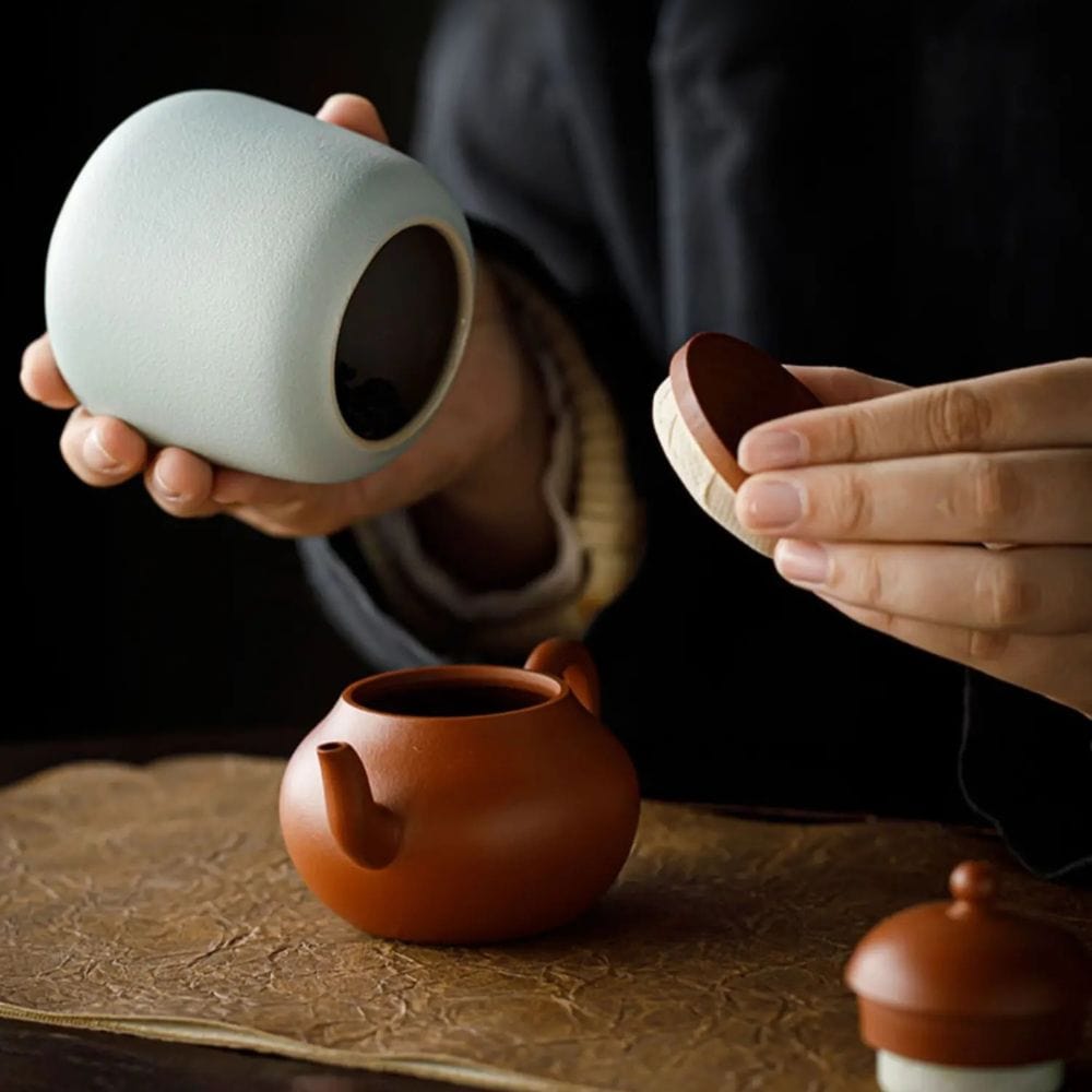Boîte à thé en céramique avec couvercle bois petit format