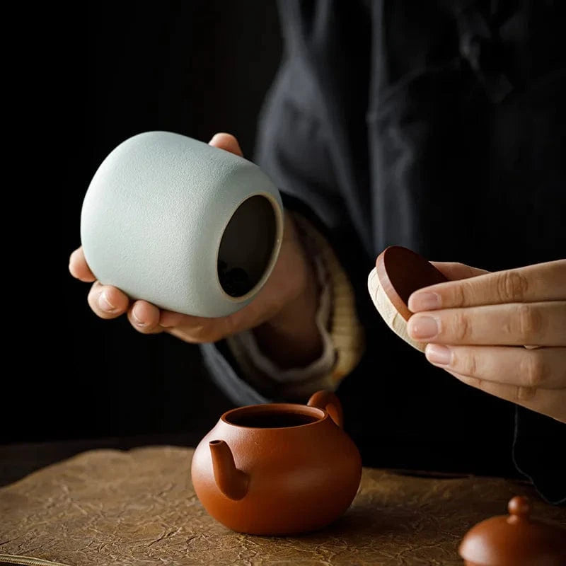 Boîte à thé en céramique avec couvercle bois petit format