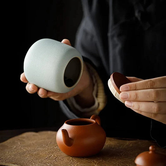 Boîte à thé en céramique avec couvercle bois petit format