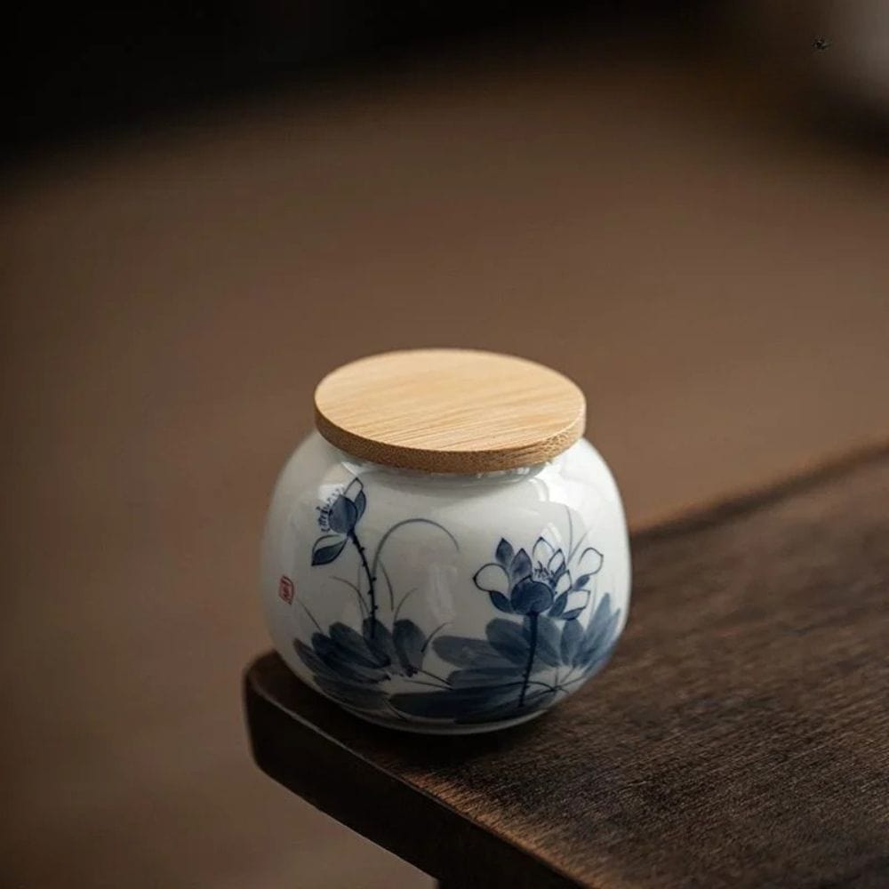 Boîte à thé en céramique bleue décor florale peinte à la main