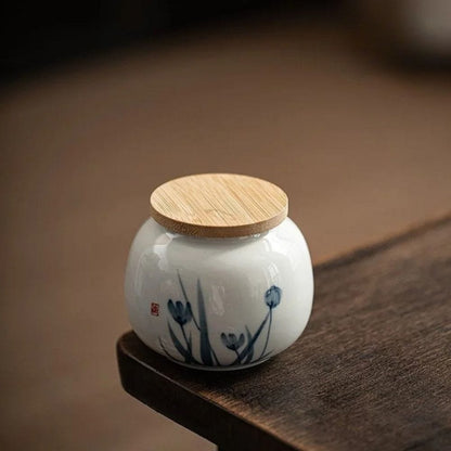 Boîte à thé en céramique bleue décor florale peinte à la main