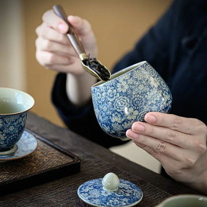 Boîte à thé en porcelaine craquelée style vintage bleu & blanc